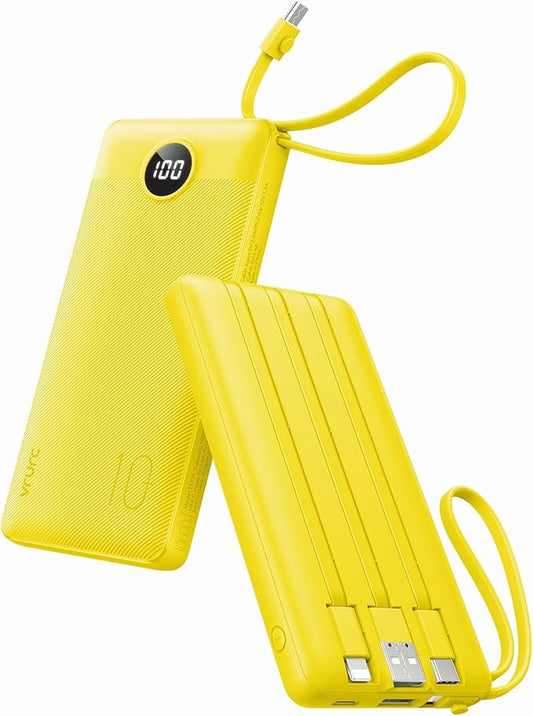 VRURC Portable Charger with Built-in Cables, 10000mAh LED Display USB C Power Bank, Slim Travel Battery Pack with 5 Output 2 Input Compatible with iPhone 17 16 15 13,Samsung,Android etc-Yellow(1 Pack)