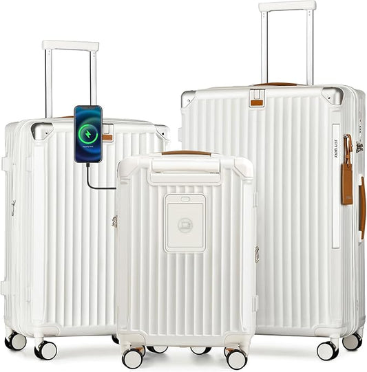 Joyway 3 Piece Set Hardside Expandable Luggage with USB Charging Port and Cup Holder, TSA Lock Spinner Wheels Suitcase for International Travel, Lightweight Carry On Checked Baggage, White by Joyway