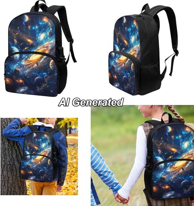 Galaxy Bookbag for Boys Elementary School Backpack for Kids 3Pcs School Bag Set with Lunch Bag and Pencil Box Lightweight Schoolbag Back to School Set - Image 3