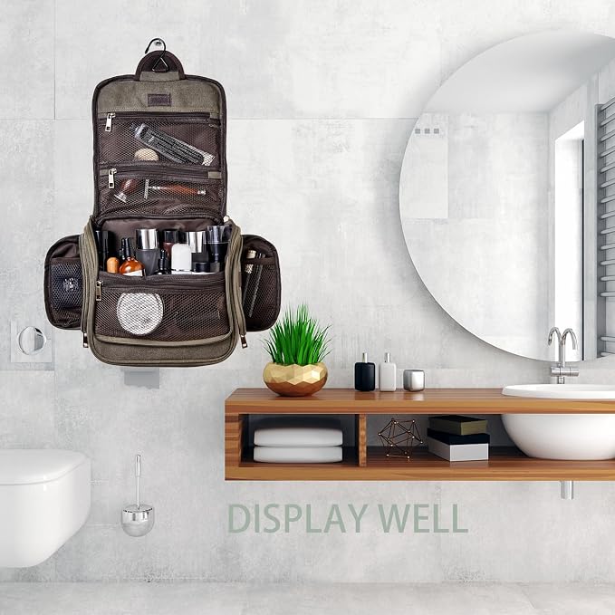 Canvas Toiletry Bag for Men with Sturdy Metal Hook Shaving Dopp Kit Bulk Travel Hanging Makeup Organizer Portable Cosmetic Bag for Women with Large Capacity ArmyGreen - Image 2