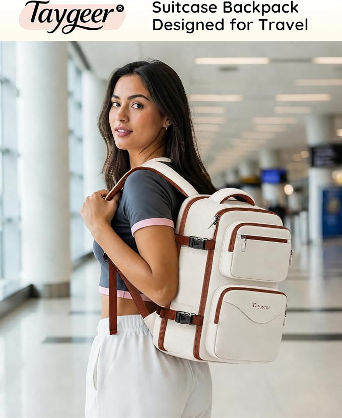 Taygeer TSA Approved Under Seat Backpack, 35l College Backpack for Women | Personal Item Bag for Airplanes Fits 15.6 Inch Laptop, Travel Bag with Water Bottle Pocket & Shoe Pouch, Khaki White - Image 2