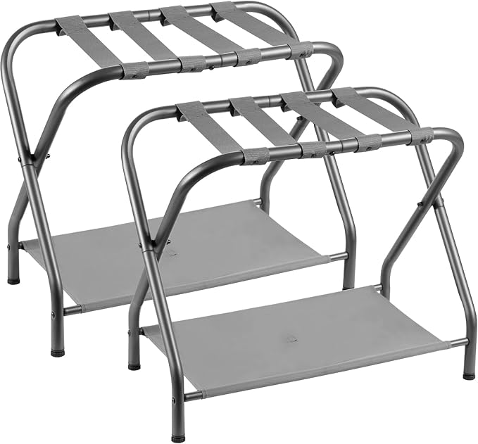 Heybly Luggage Rack for Guest Room, Pack of 2, Steel Folding Suitcase Stand with Storage Shelf for Bedroom, Hotel, Foldable Steel Frame, Guest Room, 26.2" L x 14.4" W x 20.5" H, Gray HLR004G2 by HEYBLY