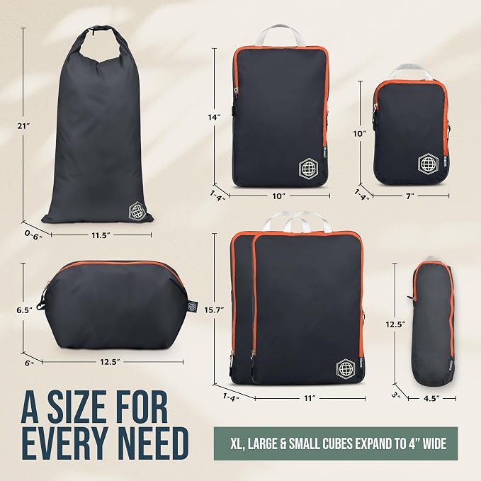 Large Compression Packing Cubes for Travel-Packing Cube Luggage Organizers 7 Piece Set for Checked Luggage-Ultralight, Expandable/Compression Bags by TRIPPED Travel Gear (Grey/Orange) - Image 4