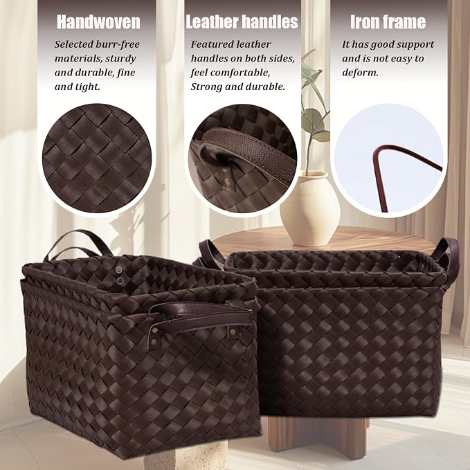 Handwoven Clothes Basket Laundry Hampers Large Wicker Storage Baskets for Shelves Blankets Closet Storage Bins Car Bedroom Bathroom Organizers and Storage Bath (Pack of 4, Espresso color) - Image 2