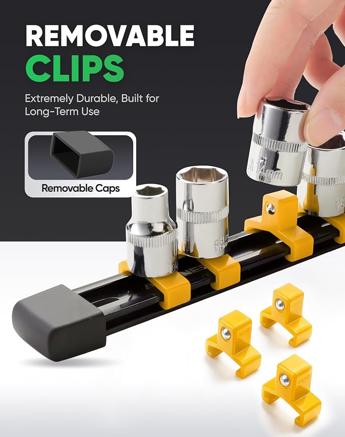 ALOANES 9PC Socket Organizer, Socket Rails Fit 1/2", 1/4" and 3/8" Drive | Heavy Duty ABS Socket Holders Hold up 129 Sockets for Toolbox Drawer Bags(Yellow) - Image 4