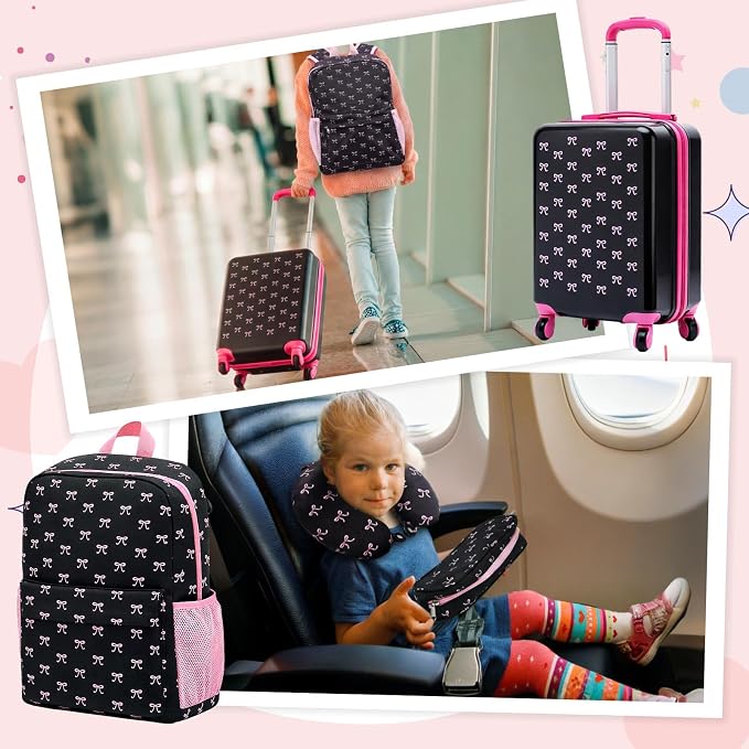 Redbaker 6 Pcs Kids Luggage Set, 17 Inch Rolling Suitcase with Backpack Lunch Bag Neck Pillow, Pink and Black Bow Travel Set for Summer Vacation Sleepover Back to School Gift - Image 6