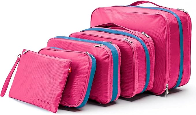 Bee Nesting BeeNesting Waterproof Compression Packing Cubes 5/6/8 sets, Large Travel Packing organizers for Carry on Luggage, 2 Sides Expandable Storage Bags (Pink, G5set) by BeeNesting