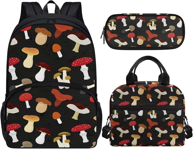 Black Lovely Mushroom Backpack Set for Girls Kids Lightweight Cute School Backpack with Lunch Box Pencil Case Adjustable Strap Padded Book Bag Insulated Lunch Bag - Image 2