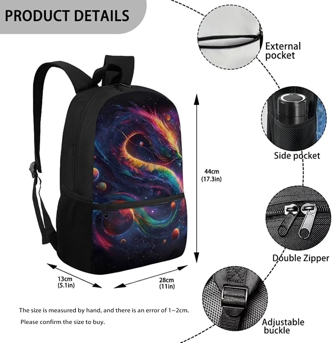 Dragon Backpack for Teens Matching Backpack and Lunch Bag Boys Galaxy 17 Inch School Bag Set 5 in 1 Children Elementary School Book Bag Fashion Lunch Bag - Image 3