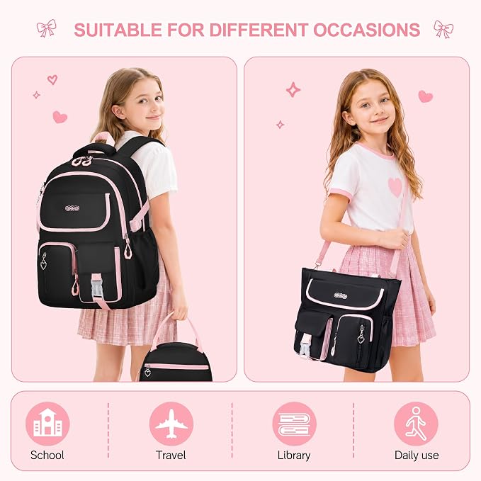 DIGOBAY Backpacks for Girls, 4PCS School Girls Backpack with Tote Bag Lunch Box Pencil Pouch for Teen Kids Elementary Primary Middle High College Travel School bag Bookbag Set, Black Pink - Image 4