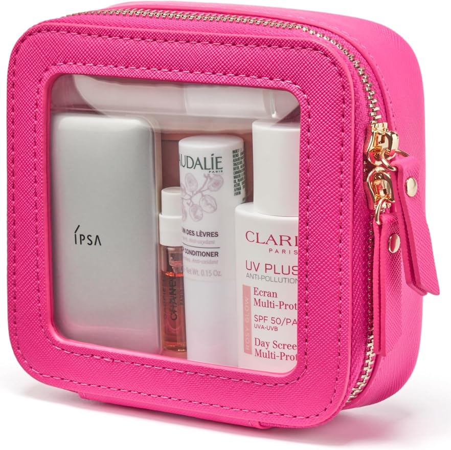 Popvibe Mini Makeup Bag Clear Small Travel Cosmetic Case Leather Cute Hot Pink Pouch for Purse Organizer Make Up Bag for Women Car Toiletry Bag with Zipper for School by POPVIBE