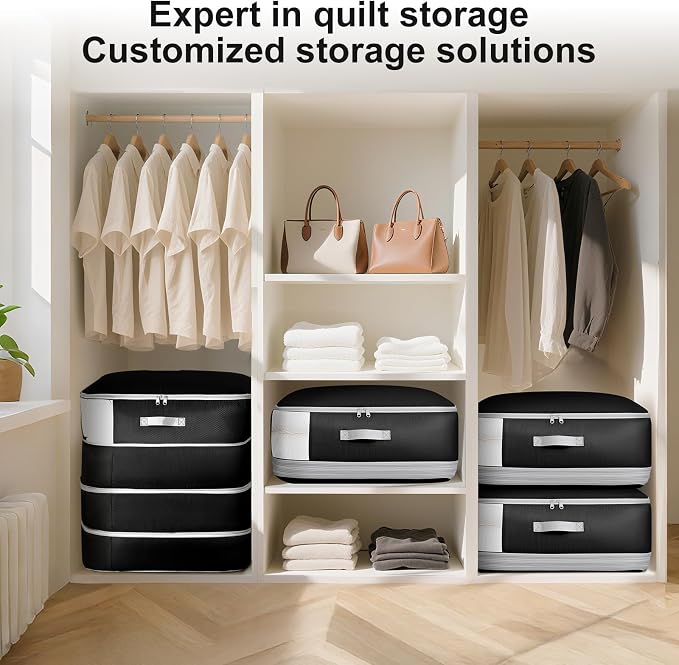 Comforter Storage Bag - 130L Large Capacity Blanket Storage Bags 4-Layer Ultra Space Saving Self Compression Organizer, Washable Compression Bags for Storage Comforter Blanket, 4-Pack, Black - Image 6