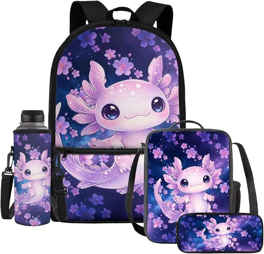 Axolotl 17'' Kids School Backpack, 4-in-1 Set with Insulated Leak-Proof Lunch Bag, Large Pencil Case & Water Bottle Holder, Lightweight Water-Resistant Bookbag for Girls Age 6-12 by Dremagia