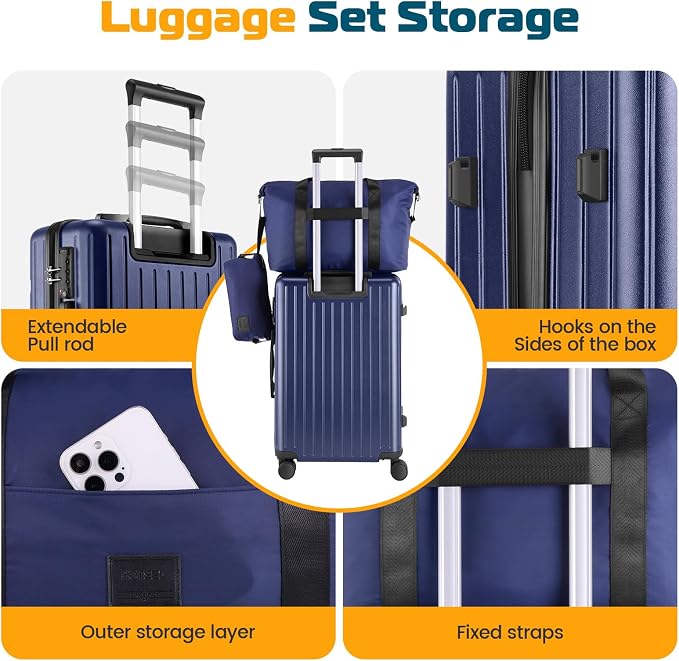 Hoteel Luggage Sets 5 Piece (4-YEARS WARRANTY), ABS+PC Suitcases with Wheels and Side Hook, Hardshell 20/24/28 inch Luggage with Duffel Bag Travel Bag, Dark Blue - Image 5