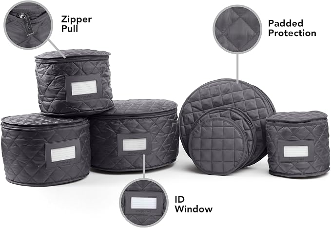 Covermates Keepsakes Dish Storage Set – Padded China & Dinnerware Storage Cases with Dividers, Cup & Stemware Storage, Quilted Polyester Protection, ID Window, Slate - Image 5