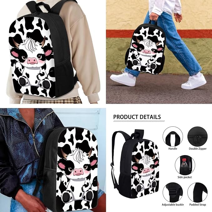 Mumeson Cute Cow 3PCS 17 Inch Student Backpack with Lunch Box,Lightweight Travel School Backpack,Back to School Boys Girls Book Bags - Image 4