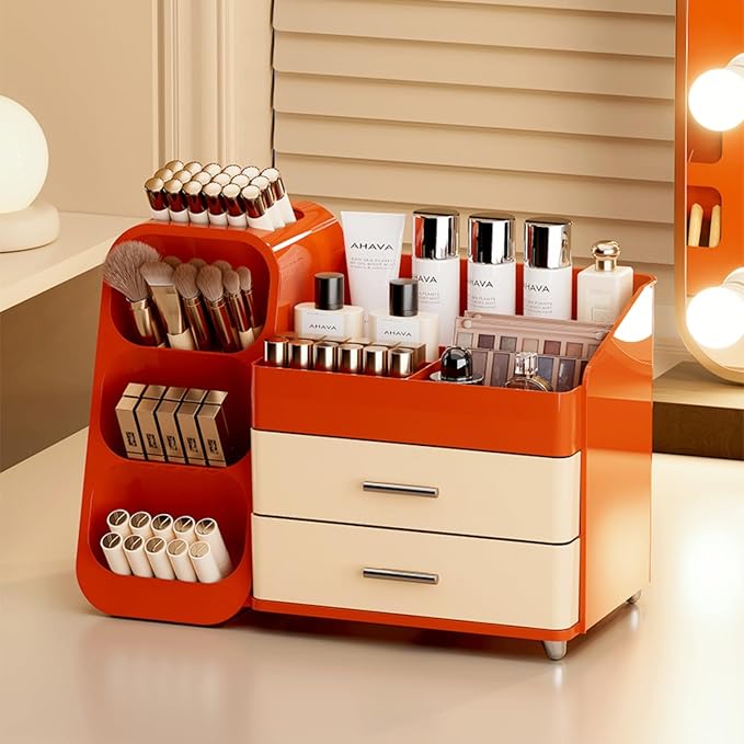 Makeup Organizer with Drawers,Large Capacity Countertop Organizer for Vanity,Bathroom and Bedroom Desk Cosmetics Organizer,Easy To Storage Skincare,Brushes,Lotions (Red and Cream) by KQJS