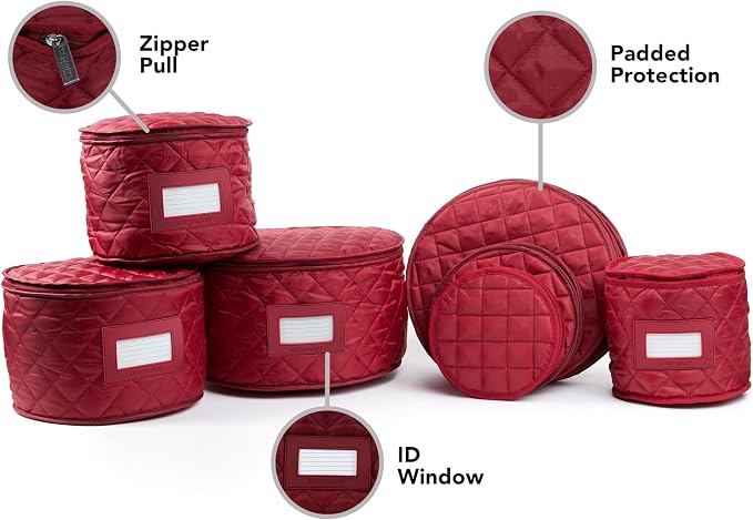 Covermates Keepsakes Dish Storage Set – Padded China & Dinnerware Storage Cases with Dividers, Cup & Stemware Storage, Quilted Polyester Protection, ID Window, Red - Image 2