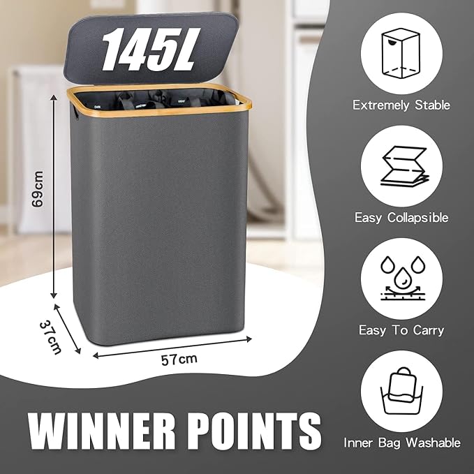 Hampers for Laundry Basket with Lid, 145L Large Laundry Hamper 3 Section | Dirty Clothes Hamper Separator with 3 Removable Bags & 5 Labels, Divided Laundry Organizer for Bedroom, Laundry Room, Gray - Image 3