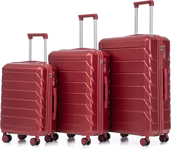 3-Piece ABS Spinner Luggage Set (20" 24" 28") with Combination Lock, Matching Hardshell Suitcases, Wine Red by LUCCALILY