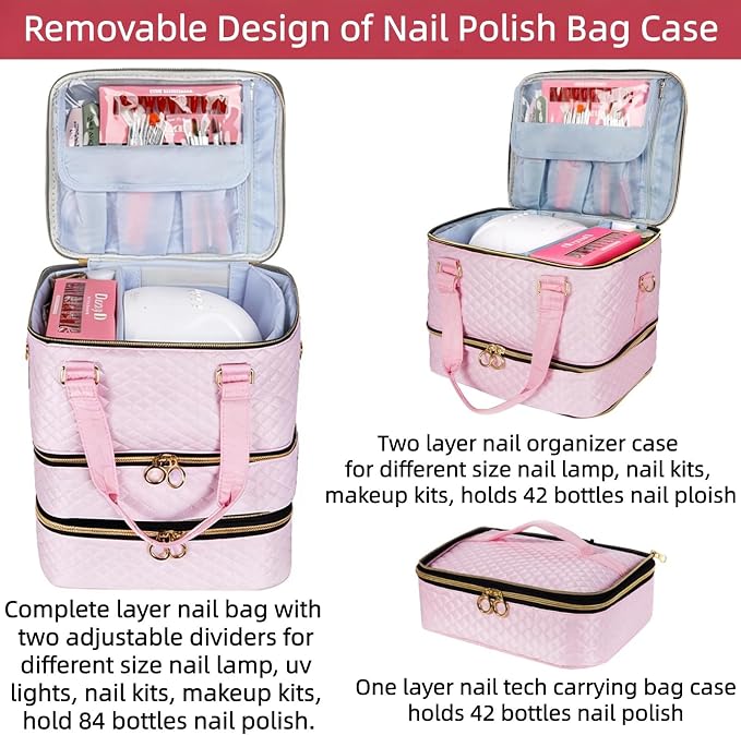 Nail Polish Organizer Bag Hold 84 Bottles(15ml/0.5 fl.oz), 3 Layers Nail Kit Supplies Organizer Bag Travel, Nail Organizers and Storage Case with Holder & Shoulder Strap, pink - Image 3
