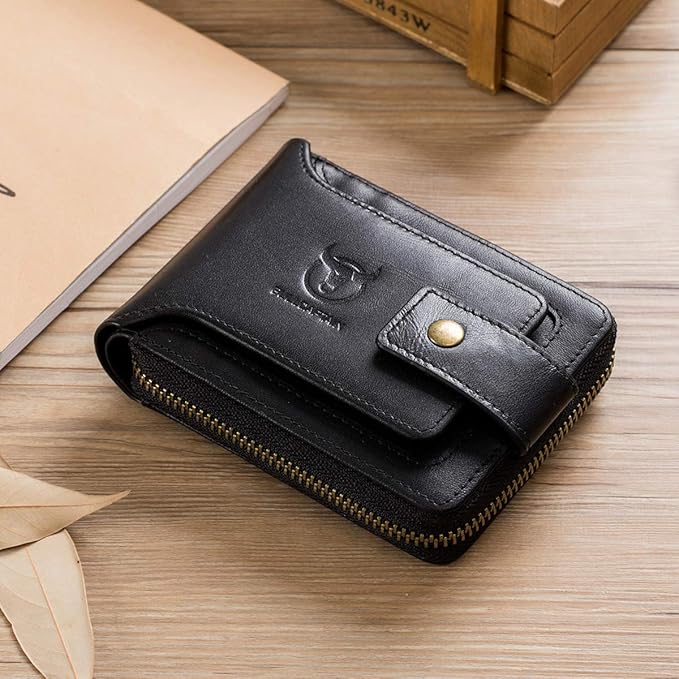 BULLCAPTAIN Genuine Leather Wallet for Men Large Capacity ID Window Card Case with Zip Coin Pocket QB-231 (Black)