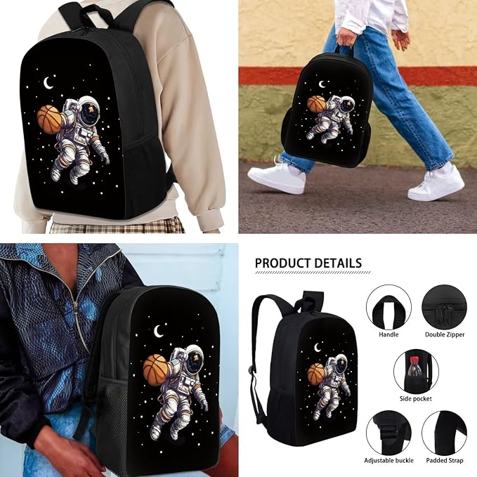 Mumeson Astronaut Basketball Backpack School Bags Set for Teenagers Boys Backpack Book Organizer Shoulder Bag + Lightweight Lunch Tote Bag + Portable Pouch Pencil Case - Image 5