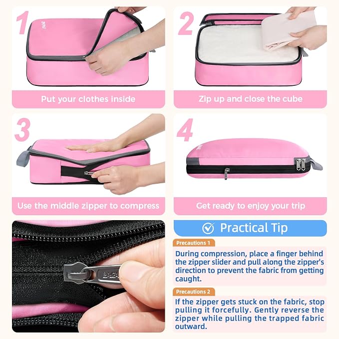 BAGAIL 4 Set/6 Set/8 Set Compression Packing Cubes Travel Accessories Expandable Packing Organizers (Cloth Pattern, 4-Pink) - Image 3