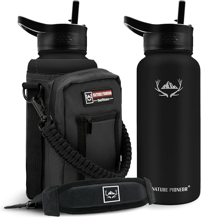 NATURE PIONEOR 32 oz Insulated Water Bottle with Carrier Bag & 3 Lids | 18/8 Food-grade Stainless Steel, Double Vacuum Insulation, 3 Leak-proof Lids, Strap, Camping, Hiking, Gym, Work by NATUREPIONEOR
