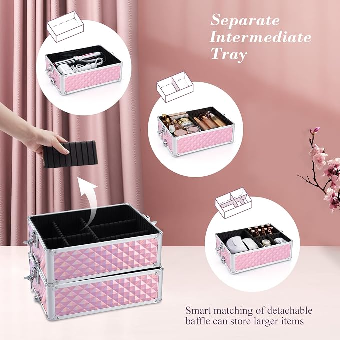 4 in 1 Rolling Makeup Trolley Train Case Cosmetic Suitcase, Box for Makeup Artist, Hairstylists, Nail Tech Students Barber Case with Keys Swivel Wheels - Shiny Pink - Image 4
