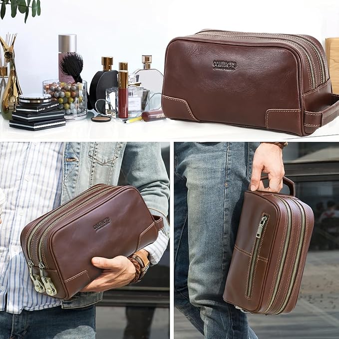 CONTACTS Full Grain Leather Toiletry Bag with Lock for Men Travel Bag Shaving Dopp Kit Organizer Clutch with Handle and Double Combination Lock - Image 2
