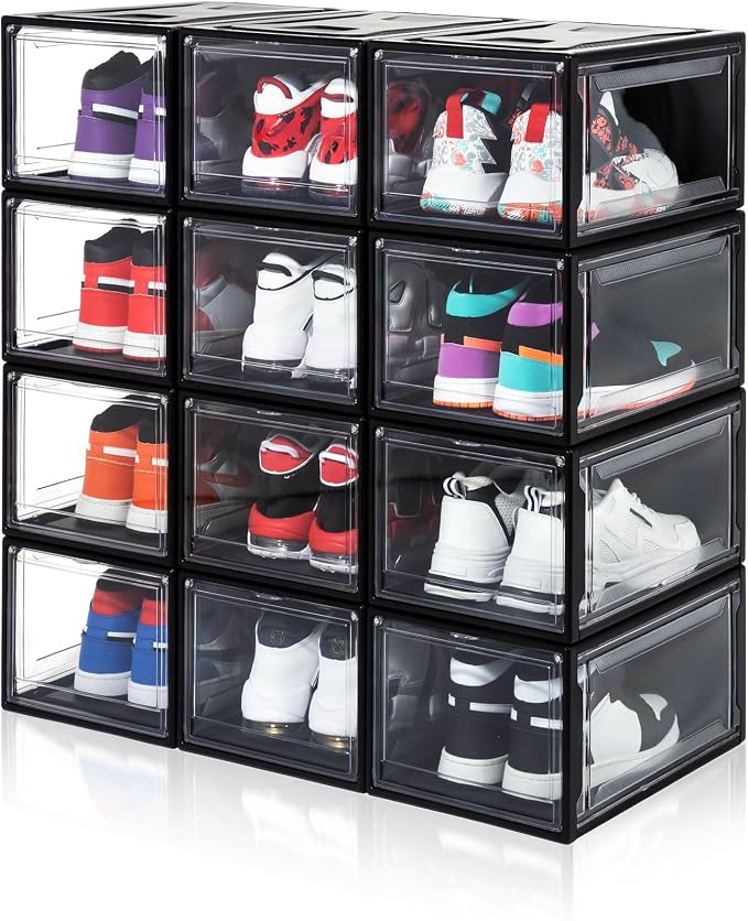 12 Pack Shoe Boxes, Clear Acrylic Plastic Shoe Boxes Stackable, Space-Saving Foldable Drop Front Shoe Storage Boxes Container for With Lids Fits Up to Size 15 (Dark Black) - Image 3