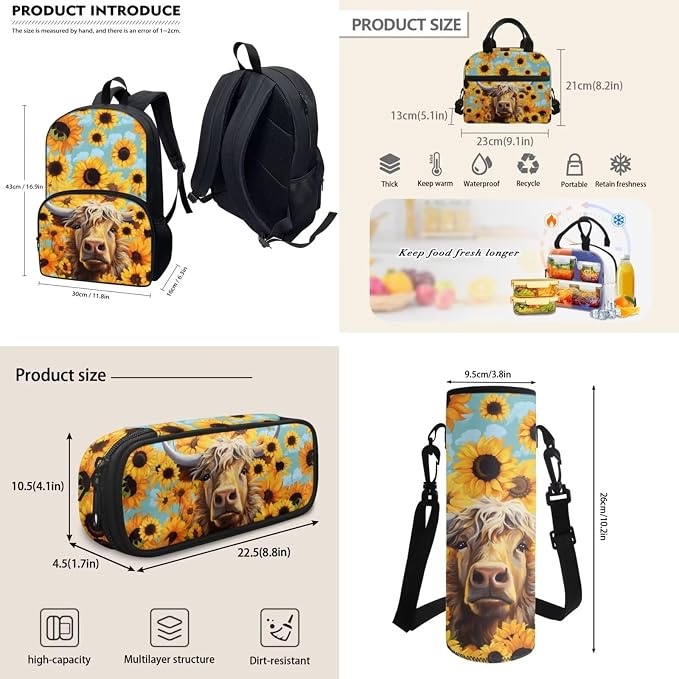 4Piece Highland Cow Backpack with Lunch Box And Pencil Car Water Holder Sleeve Crossbody Bag for Boys Girls，Yellow Sunflower Highland Cow Bookbag Large Capacity Casual Daypack - Image 3