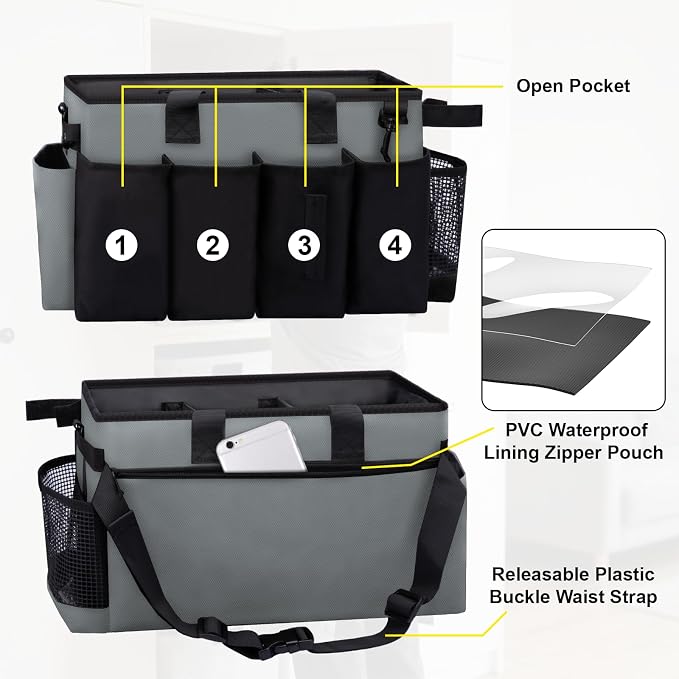 Wearable Large Cleaning Caddy Bag for Housekeeper, Clean Supply Organizer with Adjustable Shoulder, Waist & Handle Straps, Detailing Bag for Kitchen Supplies (Black&Gray) - Image 3