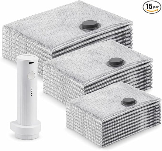 Travel Compression Vacuum Bags with Rechargeable Mini Air Pump, 15 Pack Carry-On Size Space Saver Bags, Reusable Vacuum Storage Bags for Clothes, Travel Essentials Organizer by HBFTXRIDESports