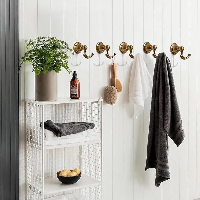 khtumeware 2 Pack Antique Brass Robe Hooks Wall-Mounted Heavy-Duty Towel Hooks, Zinc Alloy Bathroom Coat Hooks and Suitable for Hanging Towels, Bathrobes, Clothes, Hats and Bags. - Image 4