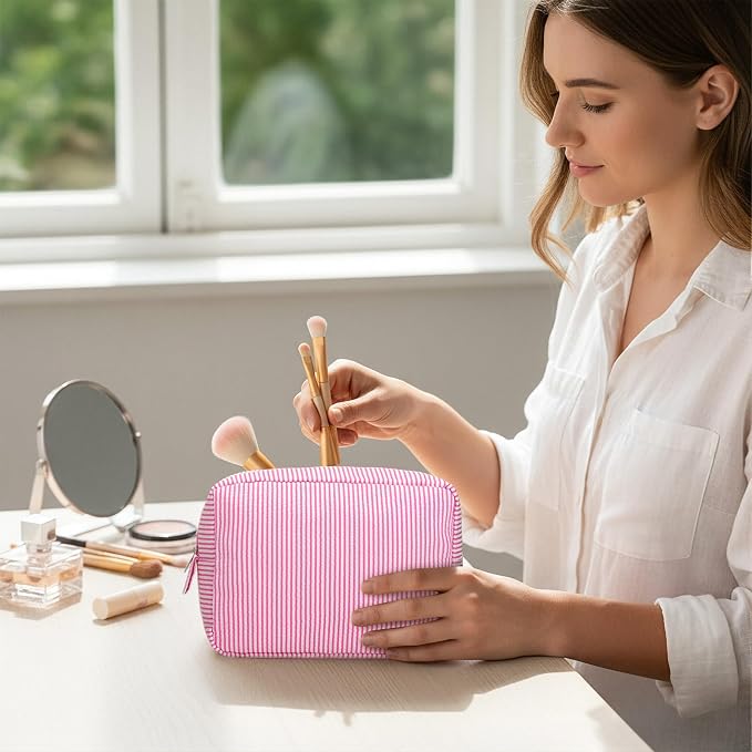 Sanwuta 9 Seersucker Cosmetic Bag Bulk Striped Makeup Bag for Women Aesthetic Cute Travel Toiletry Organizer Preppy Storage Pouch for Wedding Bridesmaid Mother's Day Teacher Gift (Large,Candy Color) - Image 6