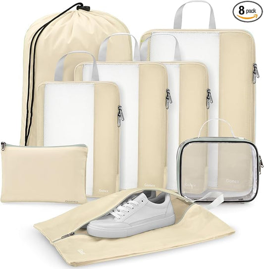 Gonex 8 Set Expandable Mesh Packing Cubes for Travel Essentials, Compression Organizer with Toiletry, Laundry, Shoe, Cable Bags - Beige by Gonex