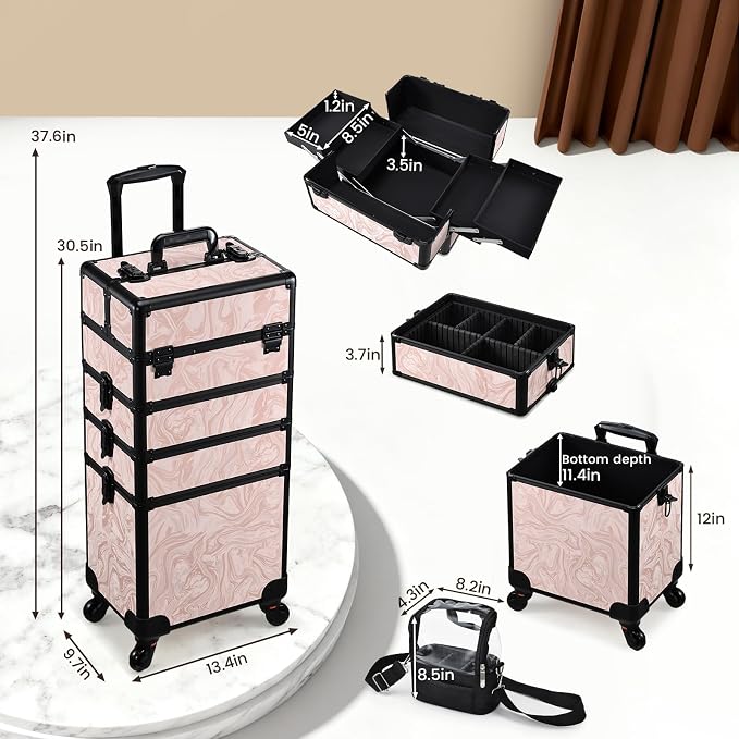 Stagiant Rolling Makeup Case 4 in 1 Cosmetology Case on Wheels Makeup Travel Case with Cosmetic Bag Key Swivel Wheels Salon Barber Case Traveling Cart Trunk Cosmetic Trolley Alpine Pink - Image 5