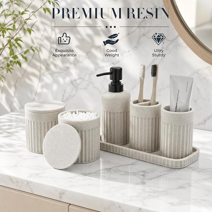 INIUNIK Bathroom Accessory Set, 6 Pieces, Beige | Resin, Bathroom Accessories Set, with Soap Dispenser Set, Toothbrush Holders, Tumbler, Vanity Tray & 2 Qtip Holder - Image 6