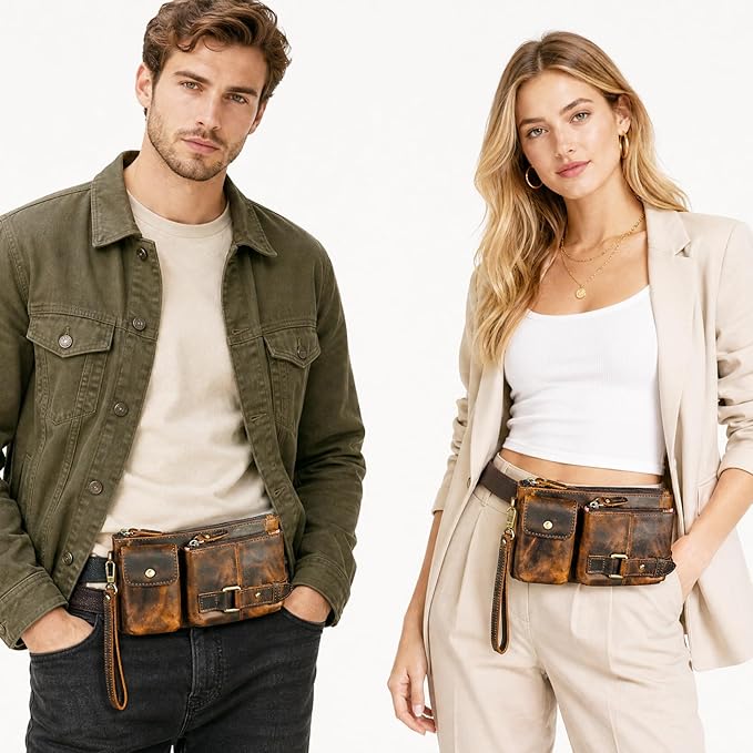 Water Resistant Canvas + Leather Hiking Riding Travel Fanny Waist Pack Small Phone Pouch For Men Women FB811-29 (Z-8135-100% Leather) - Image 2