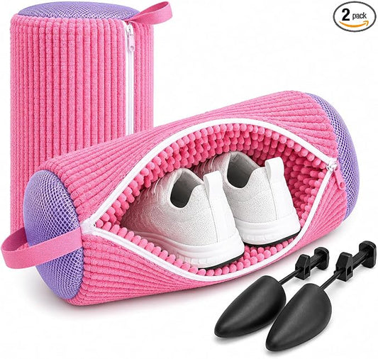 Shoe Washing Machine Bag (2 Pack), Shoe Bag for Washing Machine with Microfiber Scrub Fibers, Self-Locking Zipper Protection, 2 Adjustable Shoe Trees, Sneaker Laundry Bag for Washer and Dryer by XERRYCON