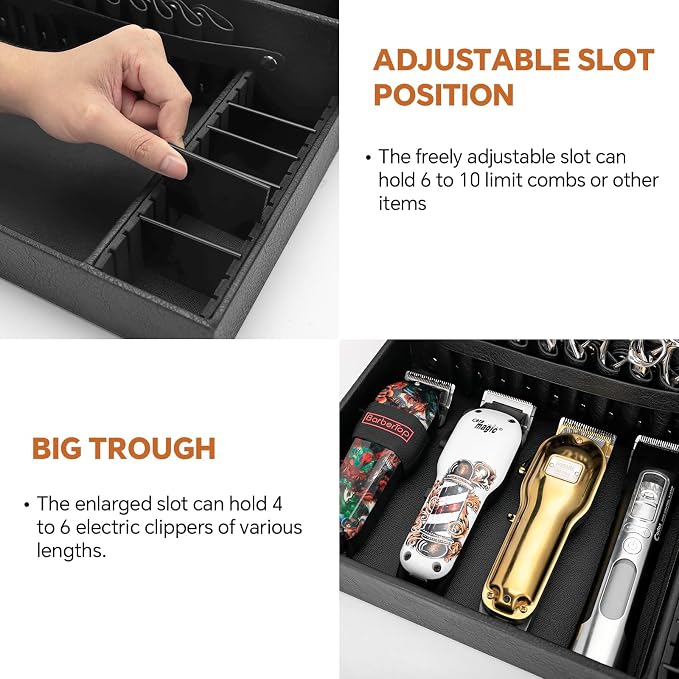 Barber Organizer Tray, 13.9 x 11.2 x 4.4 inch Adjustable Station for Clippers & Guards Scissors, Multifunctional Non-slip Barber&Salon Hair Tools Holder, with PU Leather Exterior Hairdressing Case - Image 5