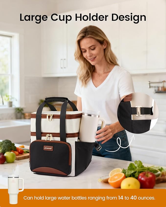 LOVEVOOK Insulated Lunch Bag For Women Men,Expandable Double Deck Lunch Box With Large Cup Holder,Leakproof Cooler Bag For Adult Lunch Tote Bag Work Picnic Beach with Adjustable Shoulder Strap Gift - Image 2