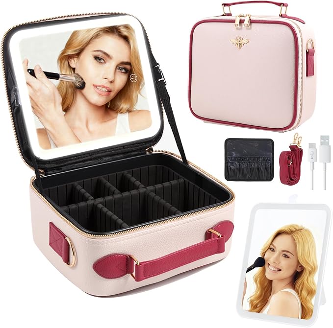 Travel Makeup Bag with Light Up Mirror, Portable Makeup Bag with Led Light Women Waterproof Makeup Travel Case adjustable dividers Rechargeable Vanity Mirror with 3 Color Lights (Pink) by Unknown