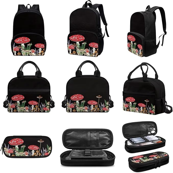 Black Mushroom Backpack Set for Girls Kids Lightweight Cute School Backpack with Lunch Box Pencil Case Adjustable Strap Padded Book Bag Insulated Lunch Bag - Image 3