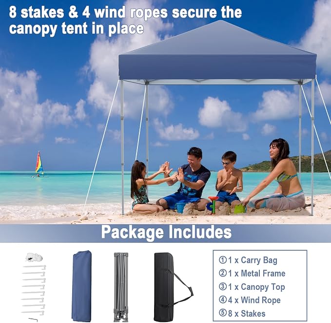 6.6 x 6.6 Ft Pop Up Canopy, 1 Person Instant Setup Canopy Tent with Push Center Lock, 8 Stakes, 4 Ropes & Carrying Bag, Portable Easy Up Gazebo Shelter for Outdoor Camp, Beach, Patio & Party - Image 5