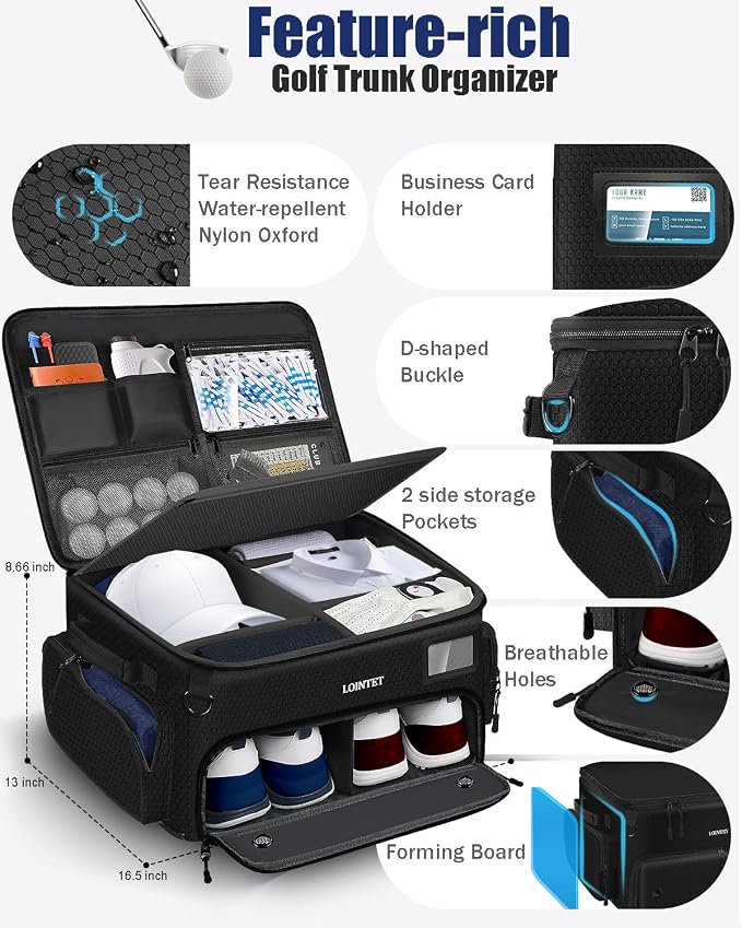 LOINTET Golf Trunk Organizer, Waterproof Car Golf Locker with Separate Ventilated Compartment for 2 Pair Shoes, Golf Storage for Balls, Tees, Cap, Clothes, Gloves, Accessories, Gifts for Men, Women - Image 3