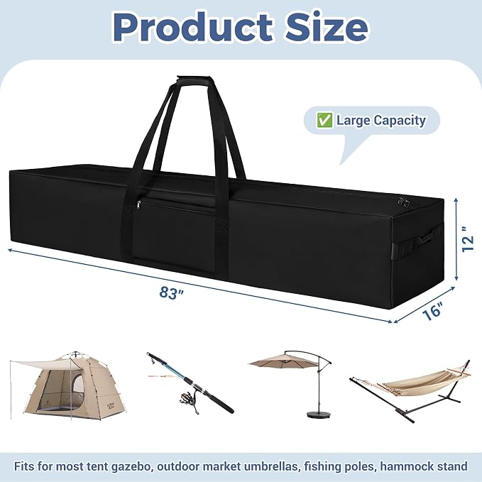 COOLBEBE 83" x 16" x 12" Extra Large Tent Storage Bag - 260L Heavy Duty Waterproof Duffle Bag for Tent Poles, Canopy, Hammock, Tripod, Fishing Gear, Sports Equipment & Outdoor Moving, Black - Image 7