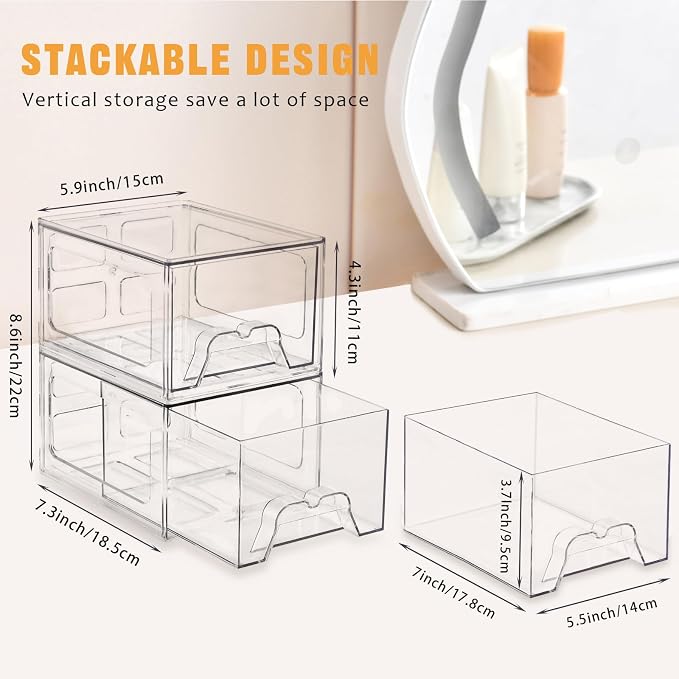Stebopum 6 Pack Stackable Makeup Organizer, 4.4'' Tall Acrylic Bathroom Makeup Organizer and Storage Drawer with Pull-out Handle, Clear Plastic Storage Bins for Vanity,Pantry,Desk,Undersink,Kitchen - Image 2